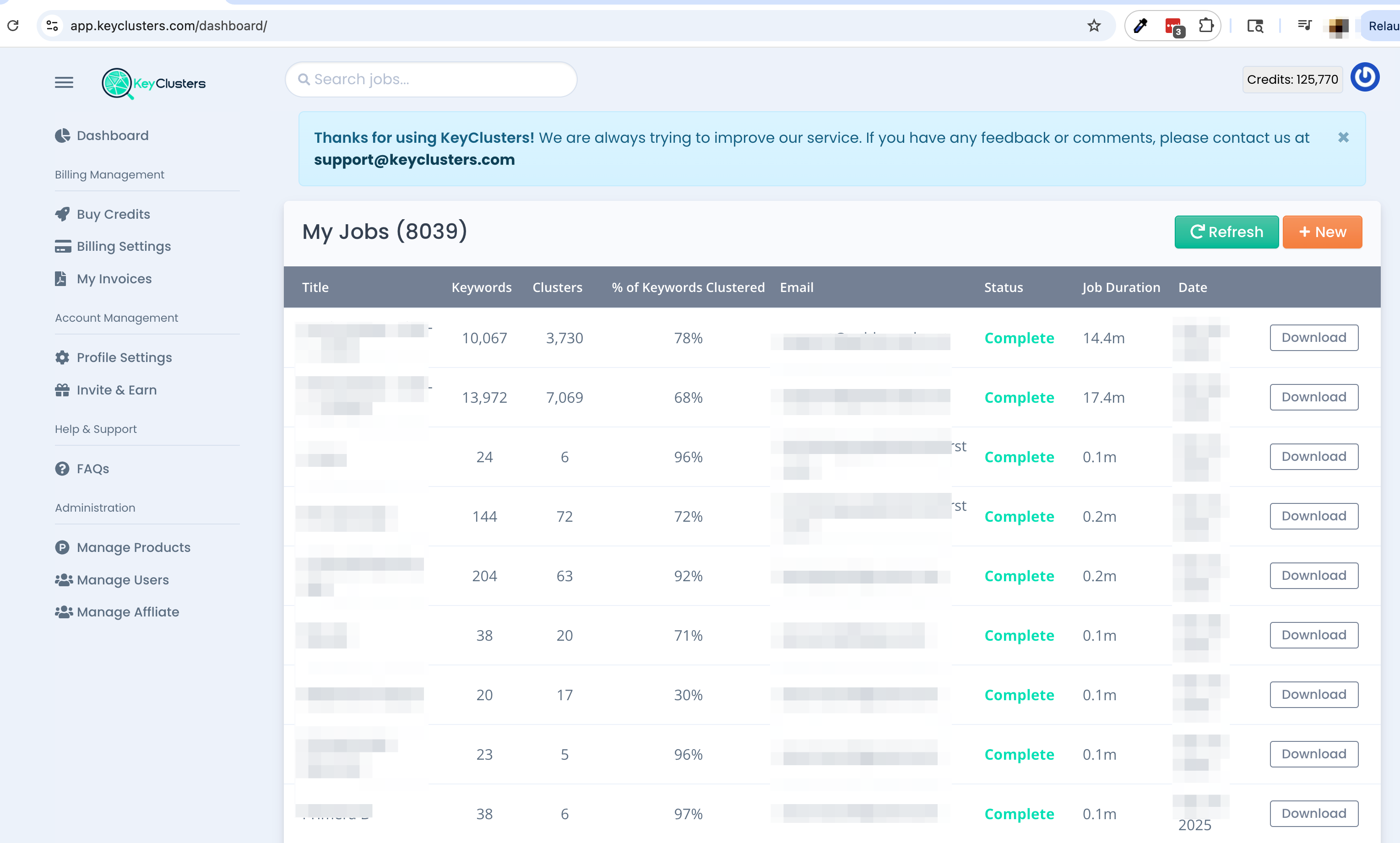 KeyClusters Dashboard - View your keyword clustering jobs